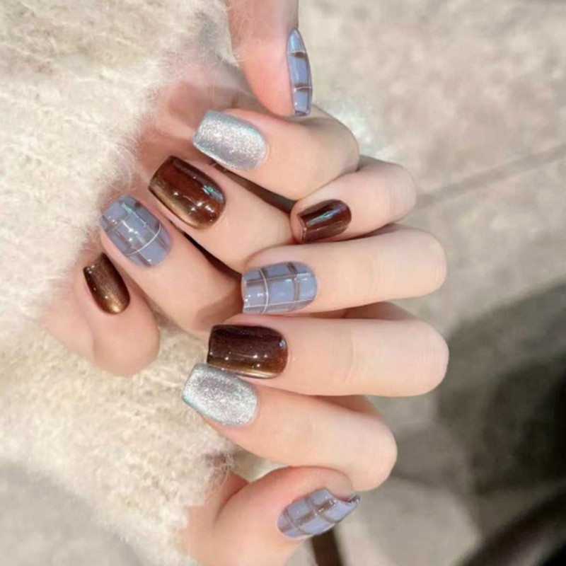 Square Press on Nail Cats Eye Fake Nail with Designs Full Cover Glues on Nail
