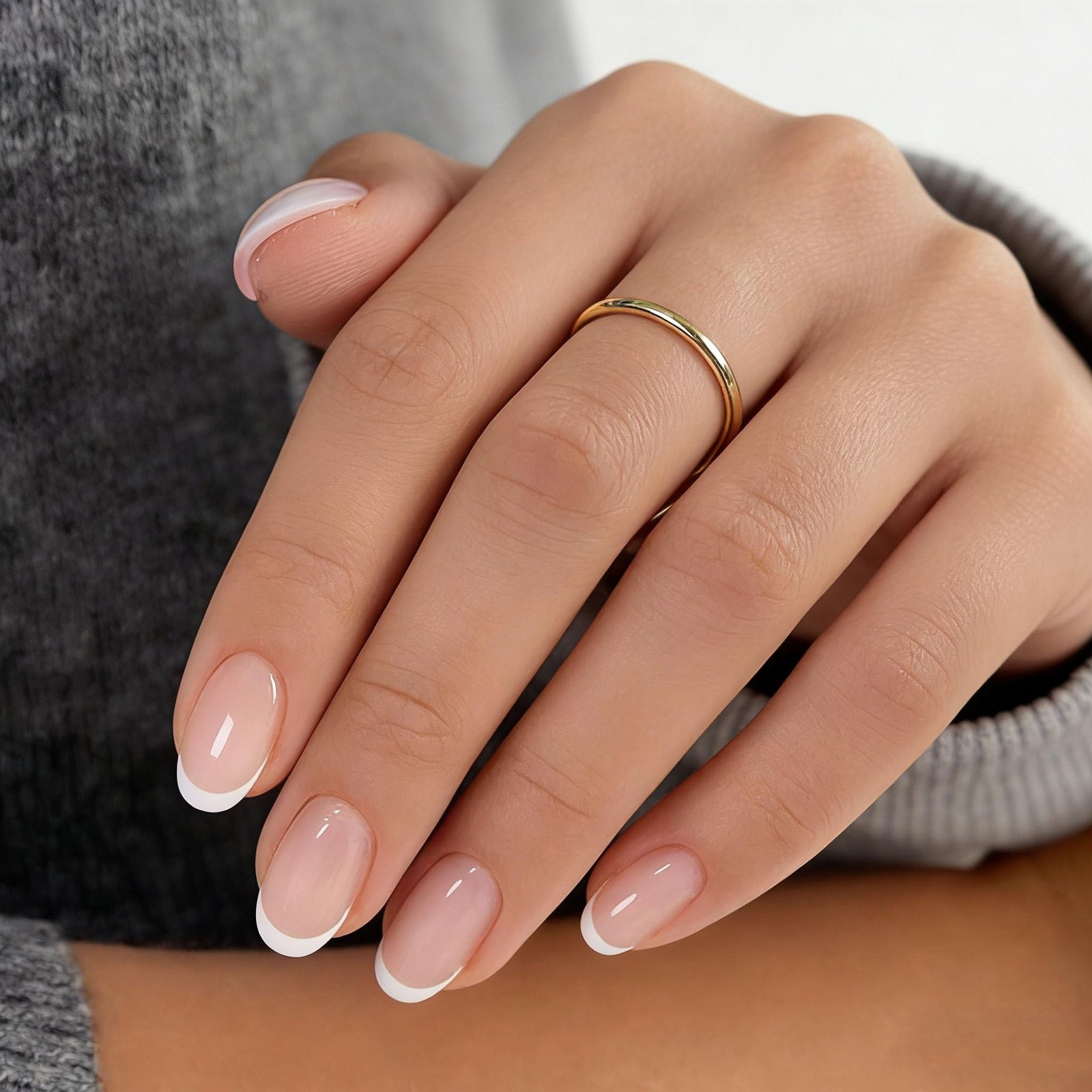 Misssix French Tip Press On Nails Short Oval Nude Fake Nails with Glue