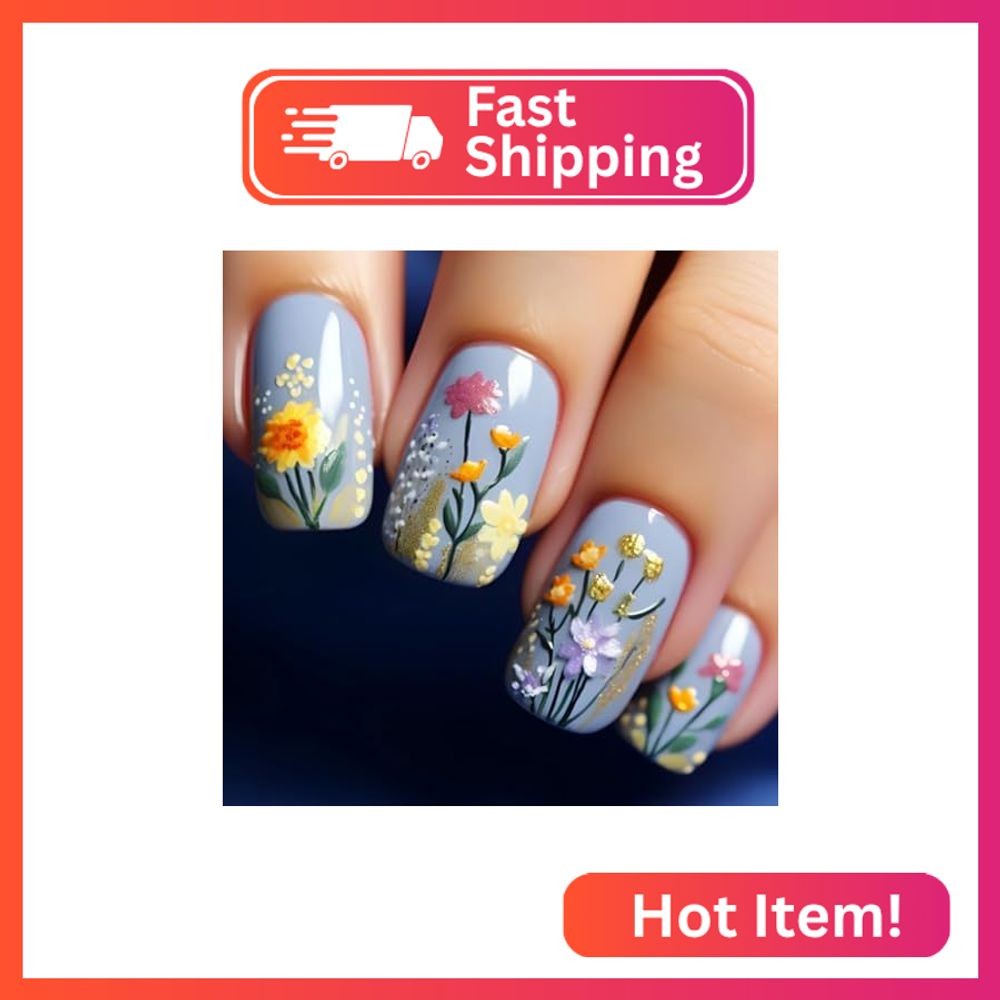 Blue Press on Nails Short Square Fake Nails Small Wild Flowers Design Glue on Na
