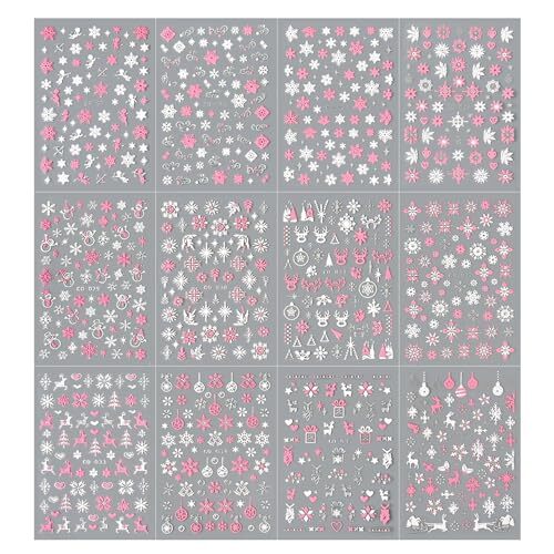 Christmas Pink Nail Art Sticker Decals 3D Self-Adhesive Pink White Snowflake