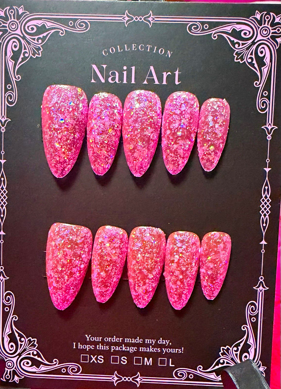 Almond Pink Glitter Press-On Nails Set, Medium, Full Cover Pre-Designed