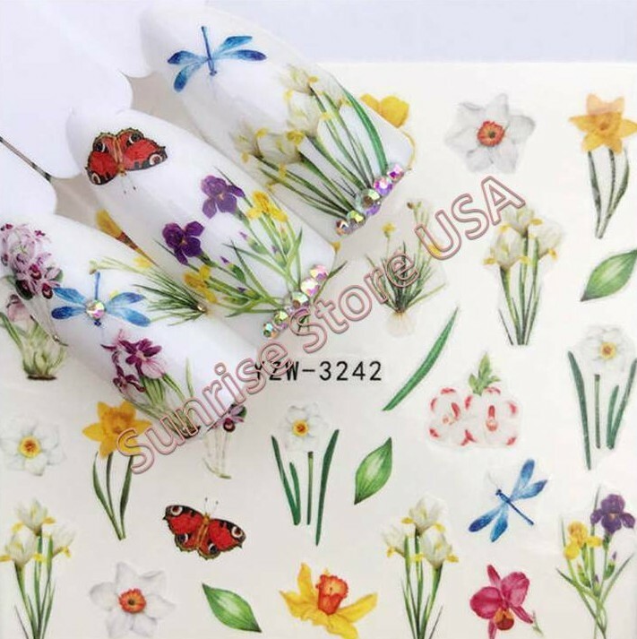 Nail Art Water Transfer Sticker Flower Leaves Butterfly bird Floral Decals