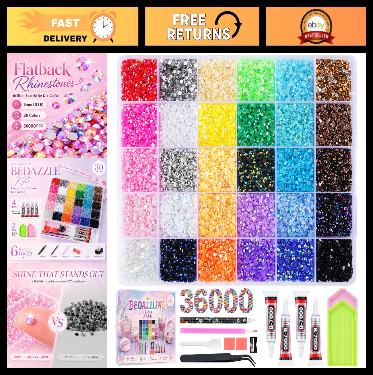 36000 Pcs Multicolor Resin Rhinestones – 3mm Flatback Gems for Nail Art, Diamond