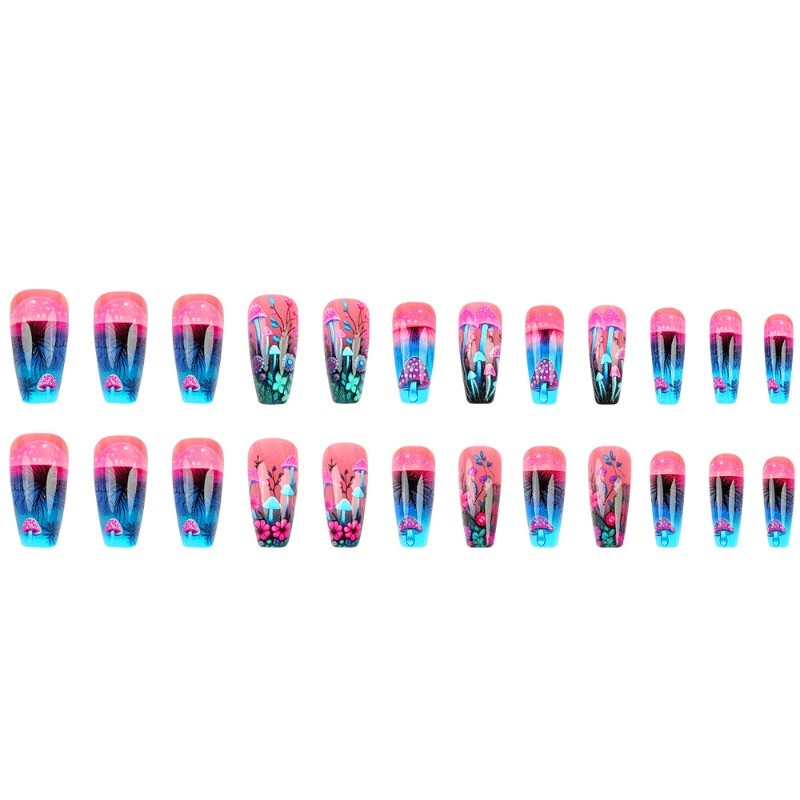 Glowing Mushroom Press on Nail, Medium Coffin with Pink Blue Floral and Neon Art