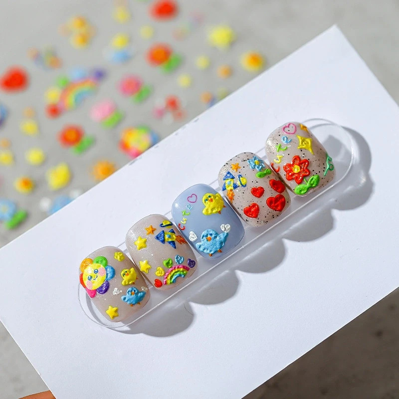 Colorful Nail Stickers – Bright Flowers, Hearts, & Rainbows Nail Decals (51)