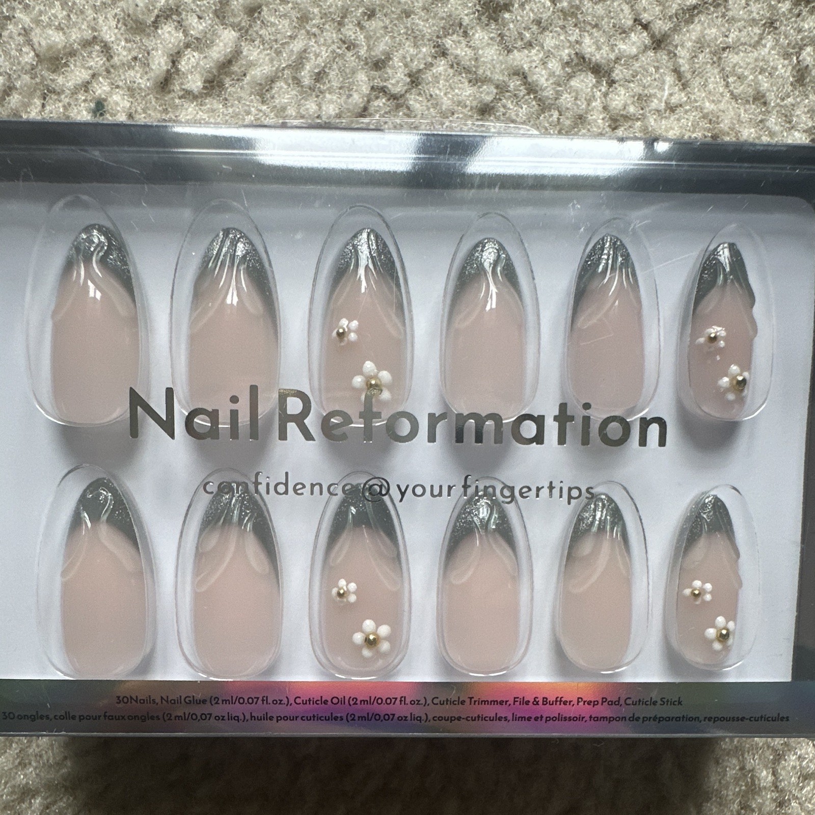 Nail Reformation Nude Silver French Almond Press-On Nails, Pearls Long