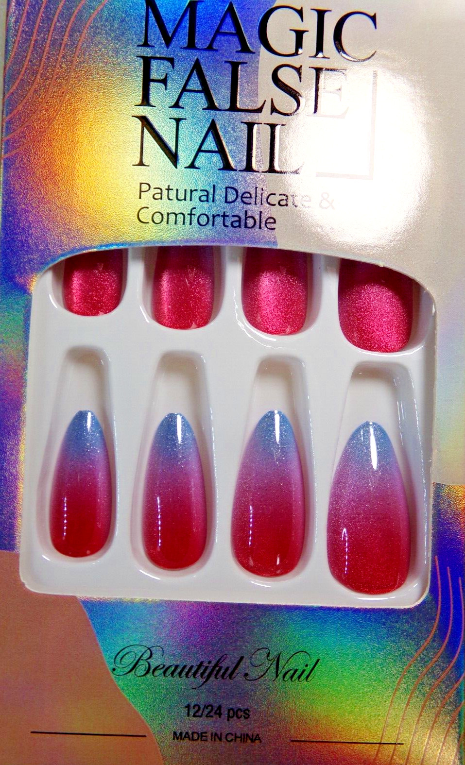 Pretty Secrets Iridescent Red & Blue Ombre Glue on Nail Long Almond Magnetic
