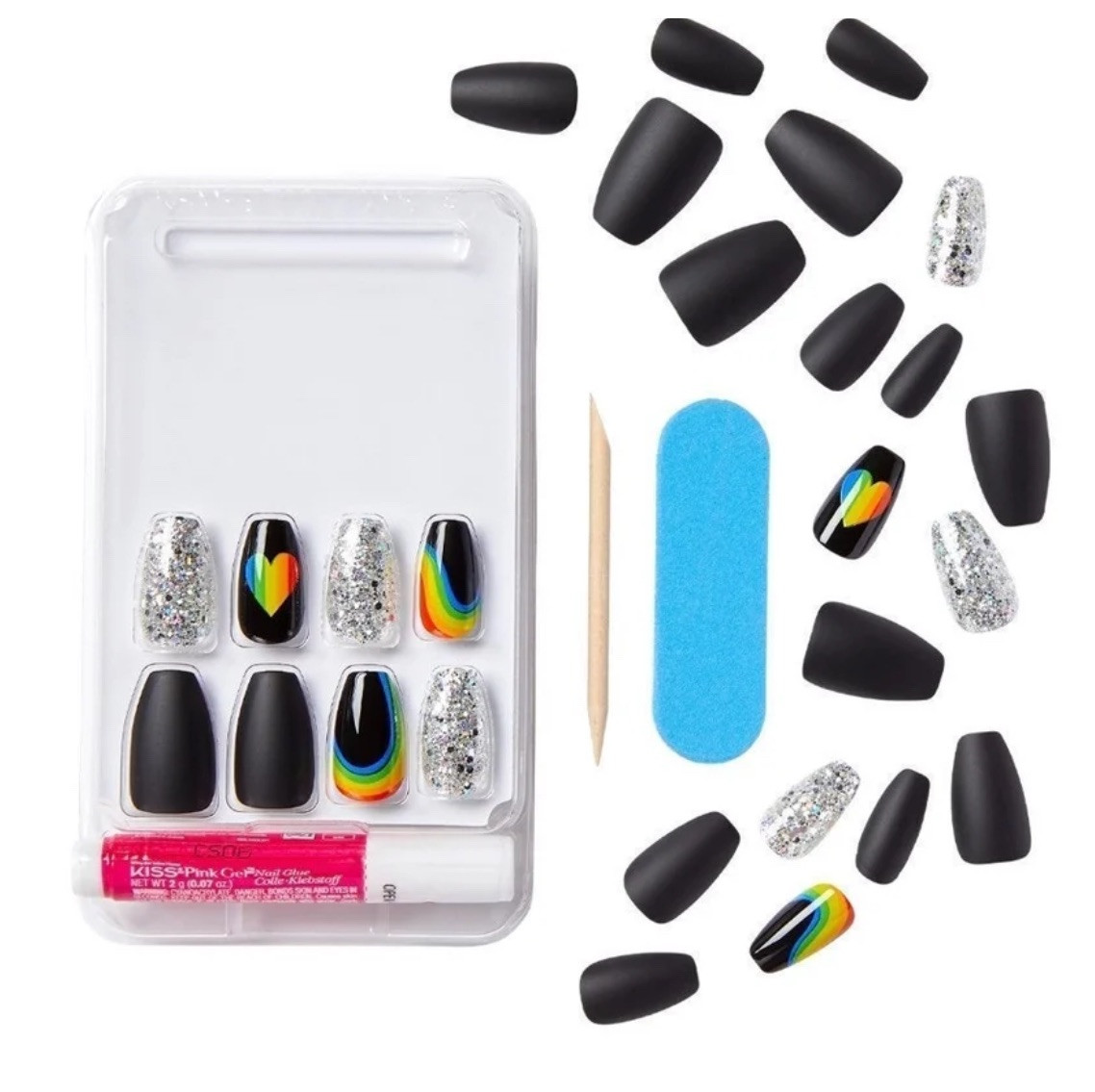 Kiss Special Design Glue-On Black Medium Length Rainbow Pride Nails x1
