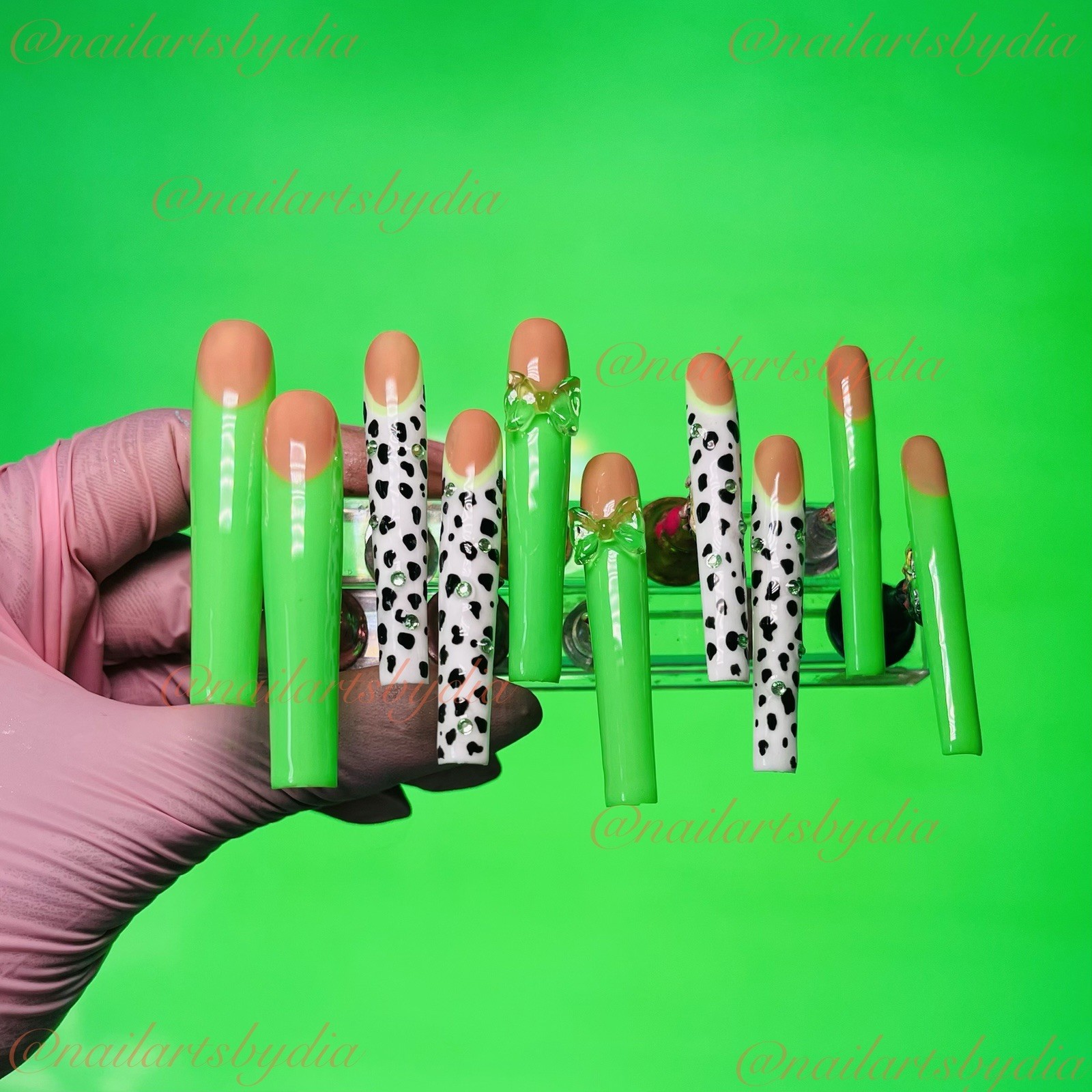 Long Coffin Press-On Nails Nude Green Black White Animal Print Shiny by Dia