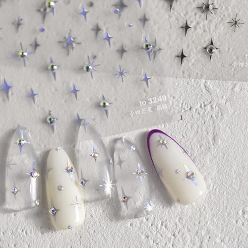 1Sheet Silver Star Nail Decals 5D Embossed Self-Adhesive Diamond Star y2k star