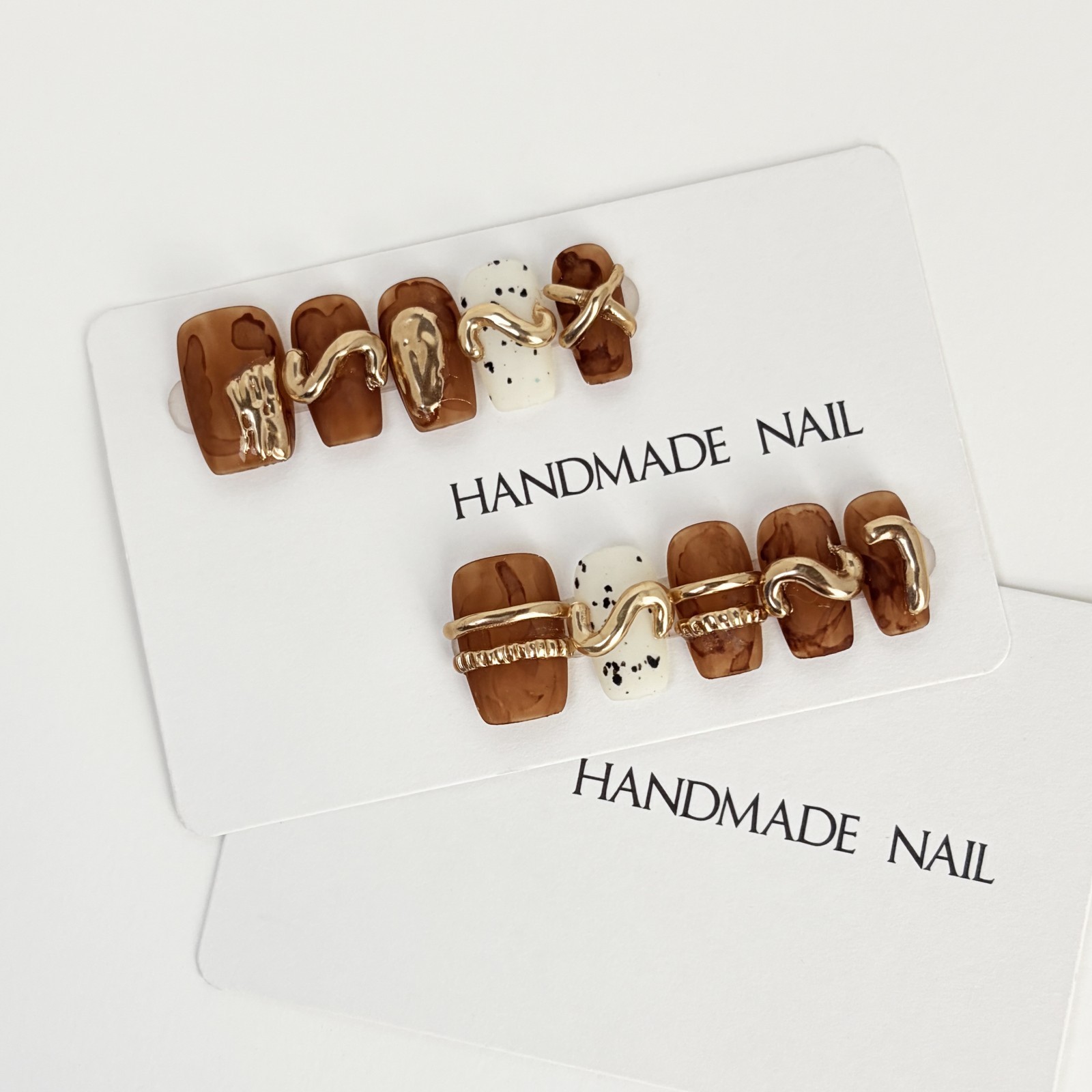 Vintage Metal Twist Brown Coffee Press-On Nails with Pearl Accent – Square Shape