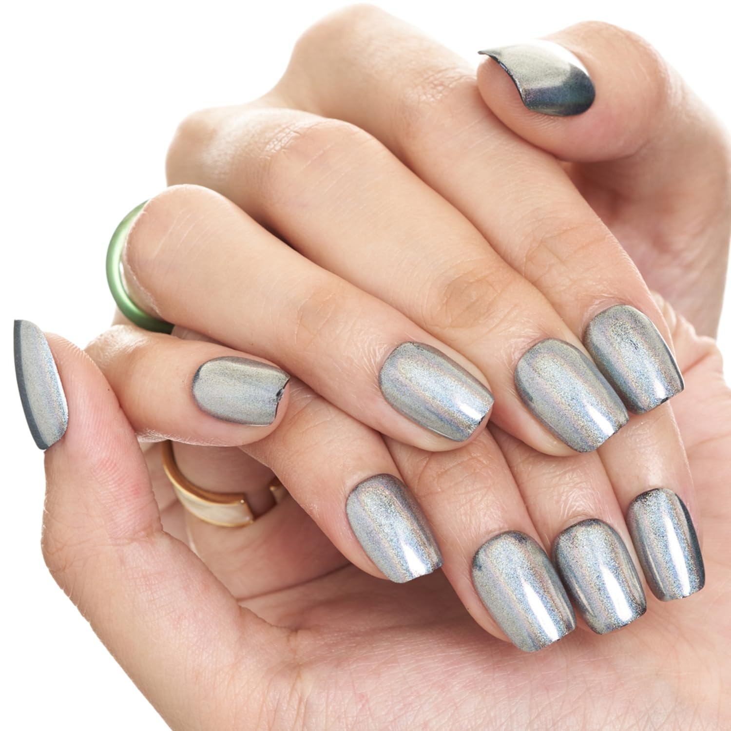 Laser Black Press on Nails Short Square, Rainbow Color Donut Grey Fake Nails …