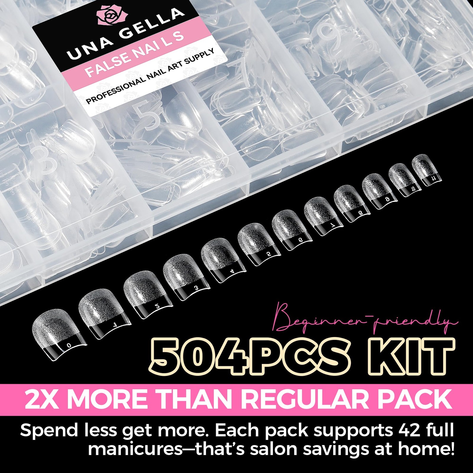 UNA GELLA Extra Short Nail Tips: 504pcs Square 1 Fl Oz (Pack of 1), Clear