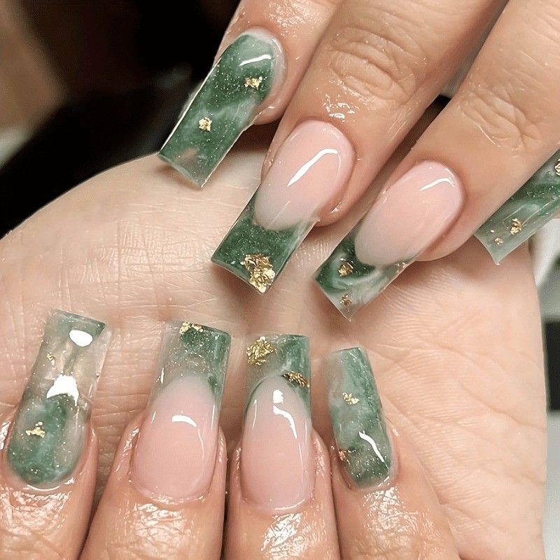 48 Cool Jade Gold Foil Fake Nails – Removable Fake Nail Art, Suitable for Women