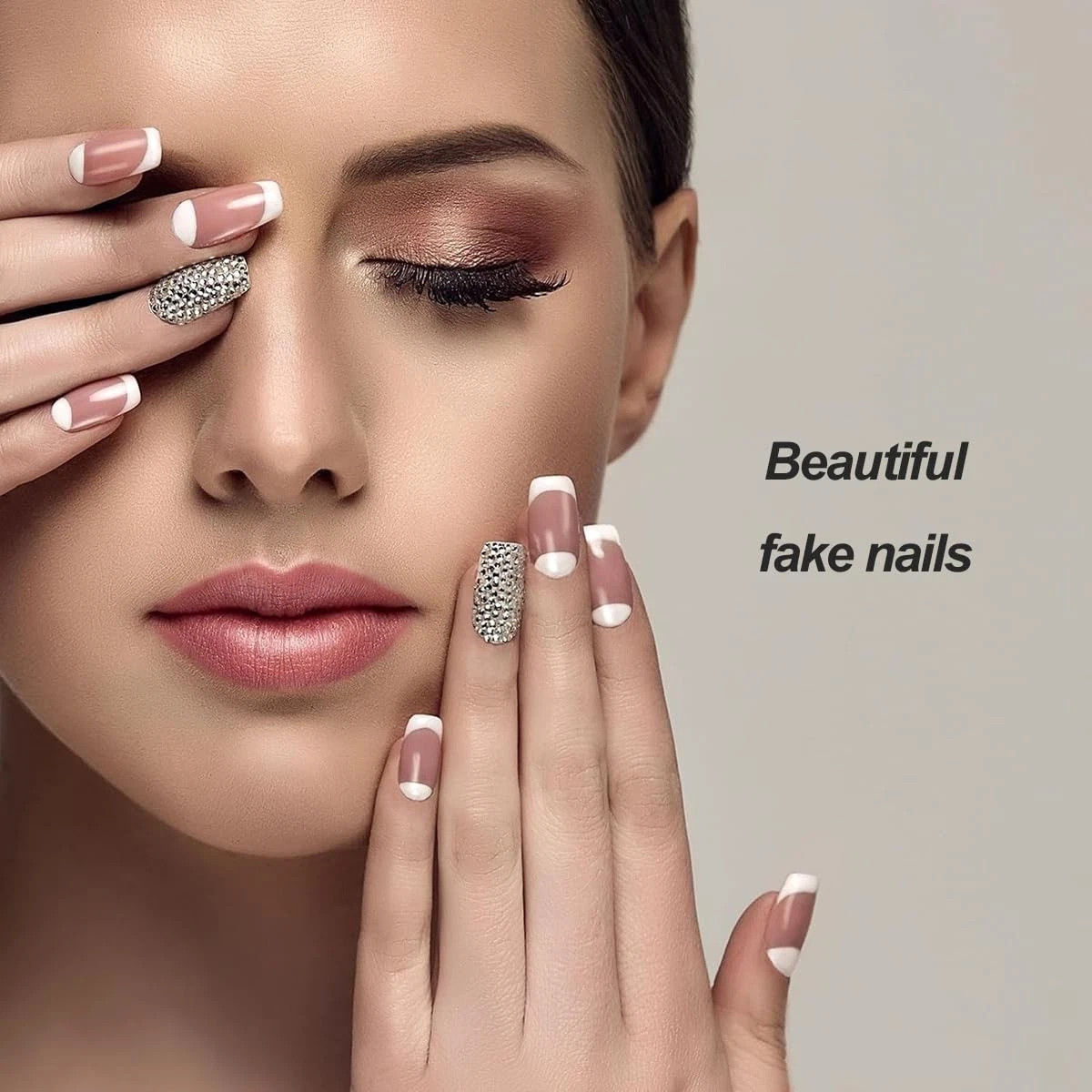 24 Pcs Pink Press on Nails Short Square – Summer French Fake Short, Color I1