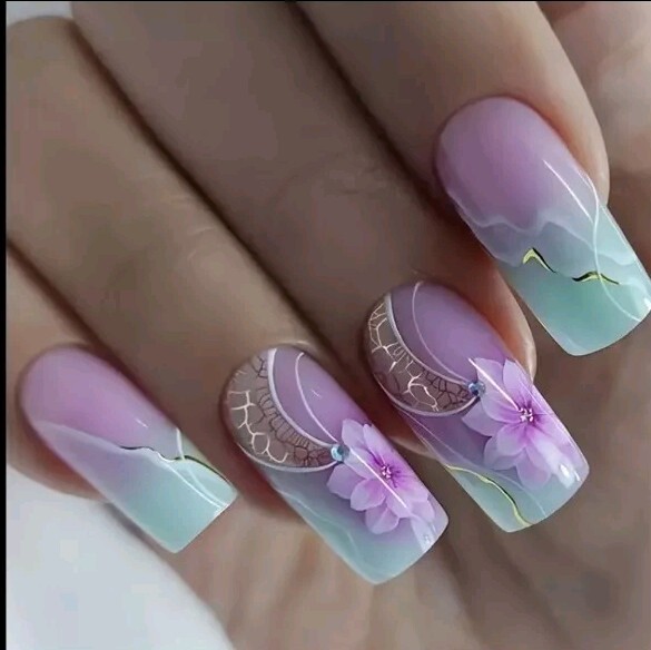 24pcs Set Of Long Square Purple Gradient Press-On Nails With Floral Design