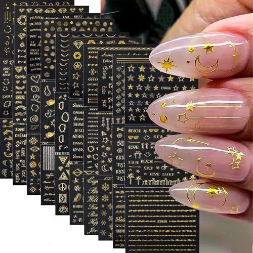 30 Sheets Gold Nail Stickers Gold Star Nail Nail Decals 3D Self-Adhesive Gold