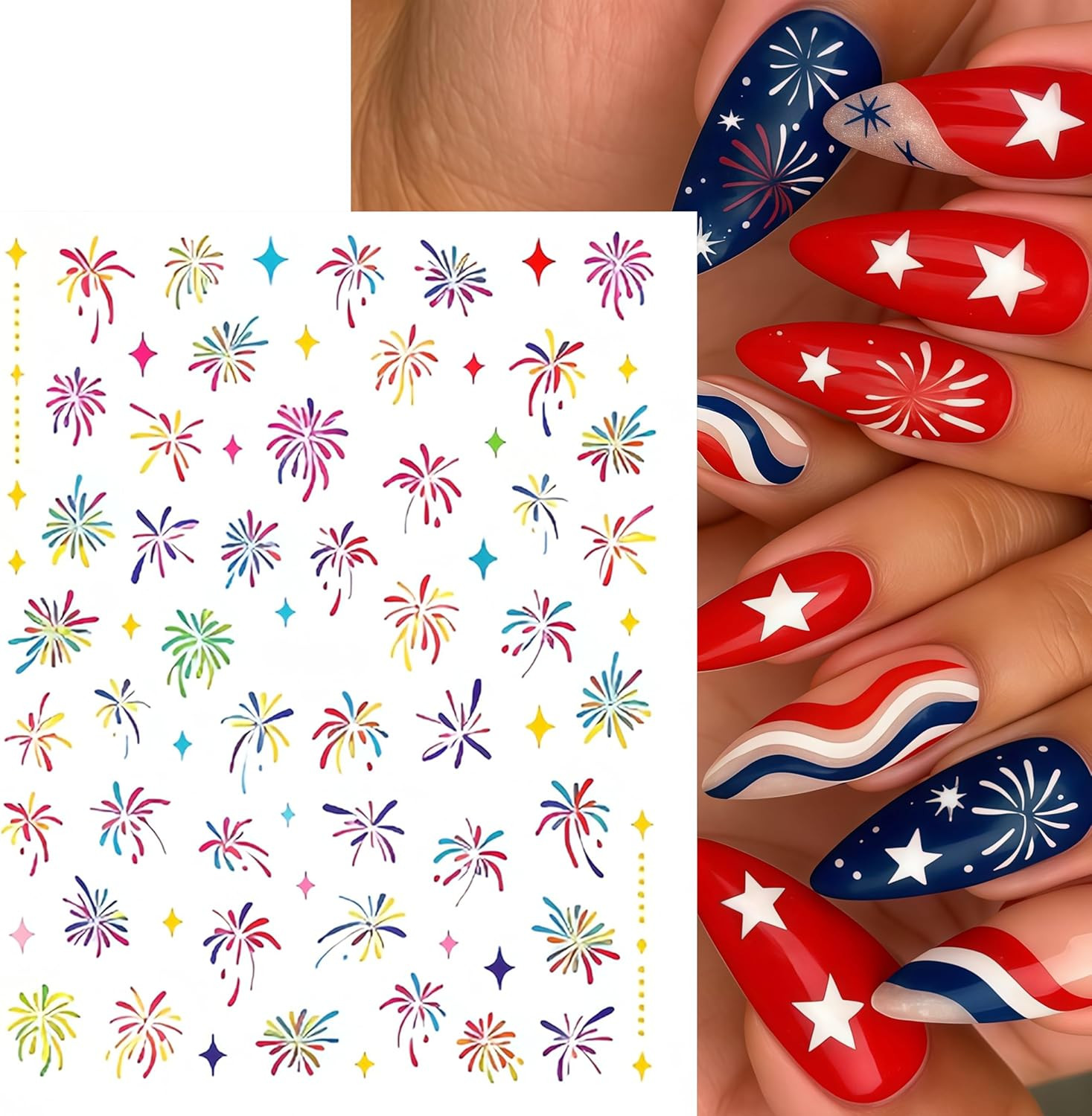 8 Sheets 4Th of July Colorful Fireworks Nail Stickers 3D Self-Adhesive Nail Deca