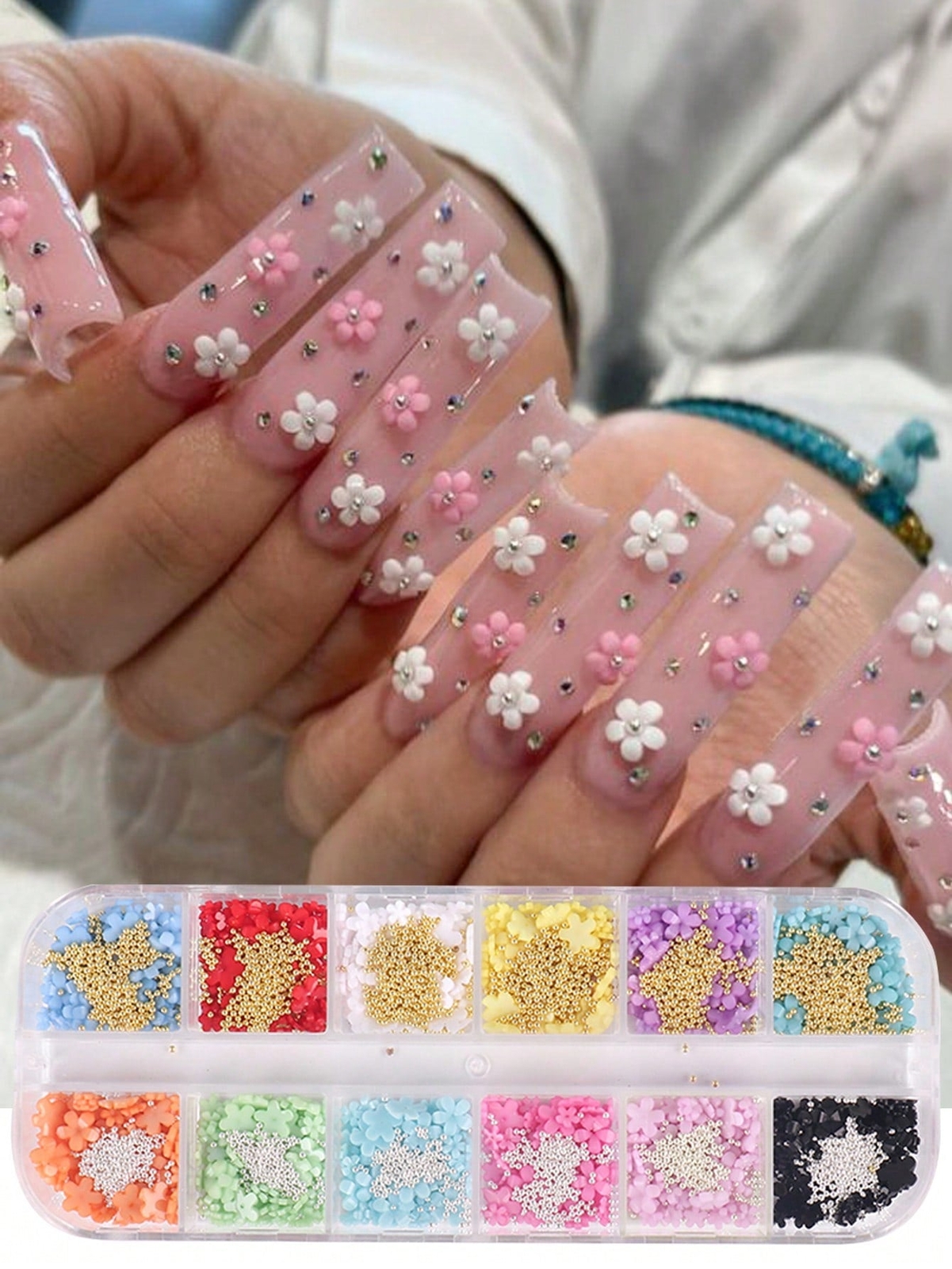12 Grids 3D Acrylic Flower Nail Art Decoration, Mixed Size Colorful Flower Gold