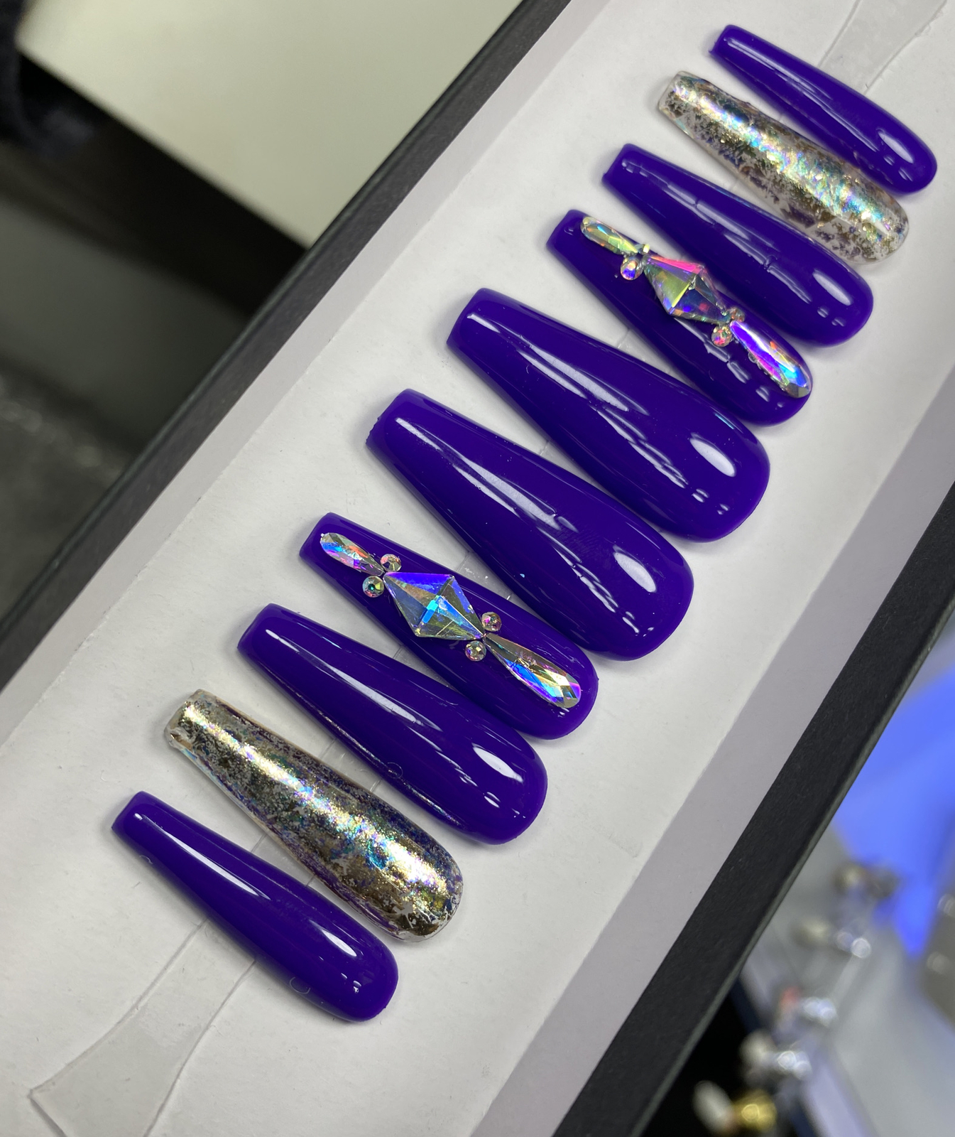 Luxury Gel Press On Nails,Marine W Bling , Long Coffin, 10p Nail Set W/ kit