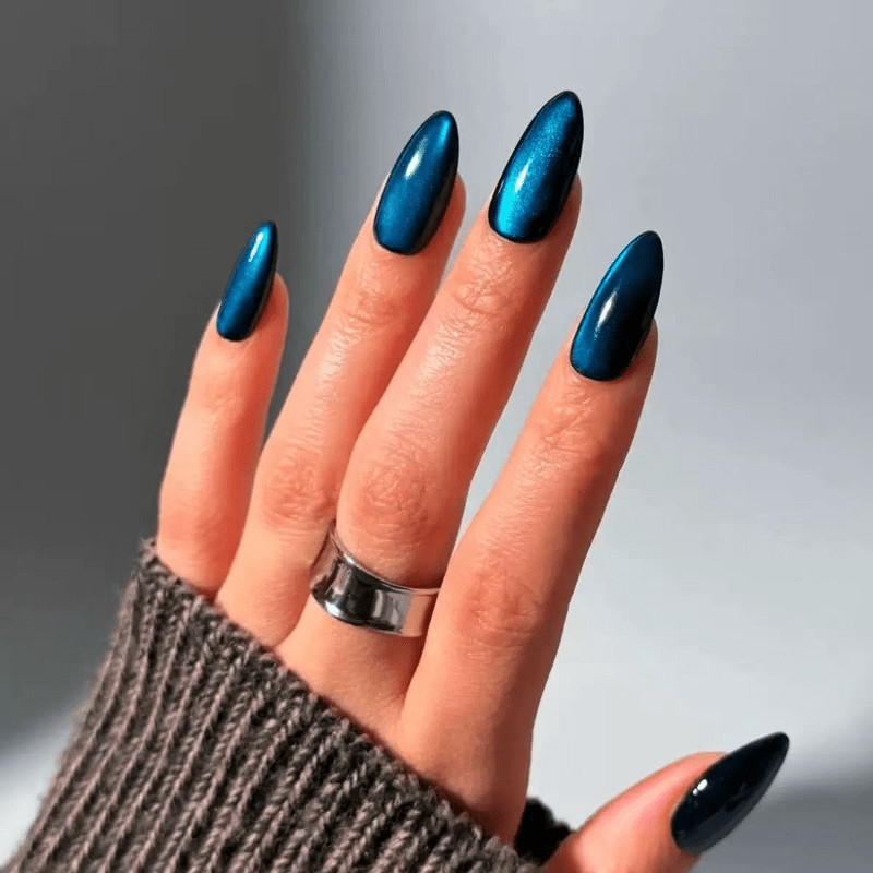 48Pcs-Long Stiletto Teal Blue Cat Eye Glossy Press on Nails Luxury Solid Color