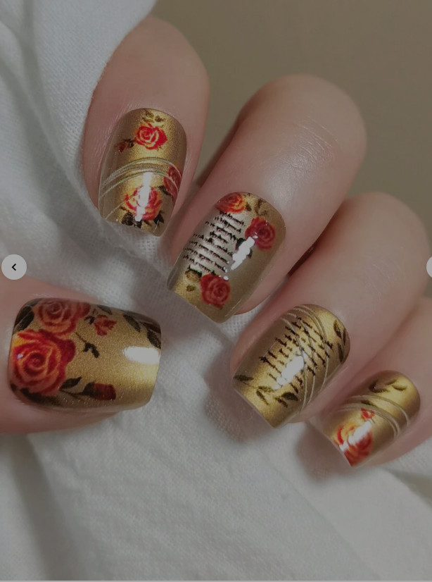 Beautiful Gel Shine, Iridescent Golden Brown Nails with Red Roses Short