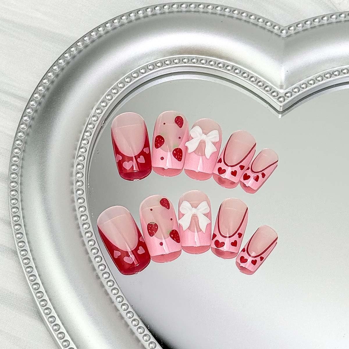 24Pcs French Tip Press on Nails Medium Square with Heart Design Fake Nails 3D…