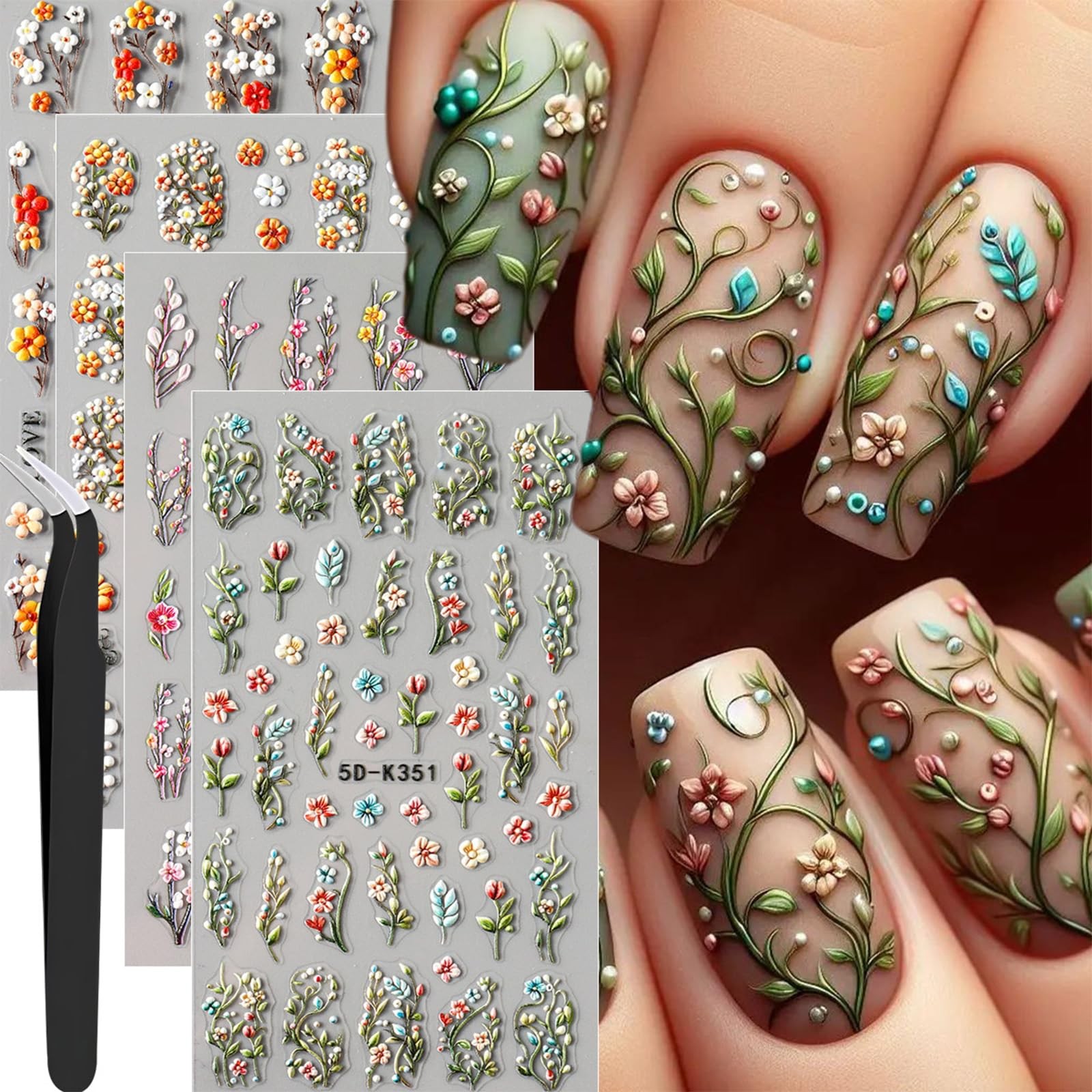 4 Sheets Elegant Spring Flower Nail Multicolour, Green, Orange, Yellow