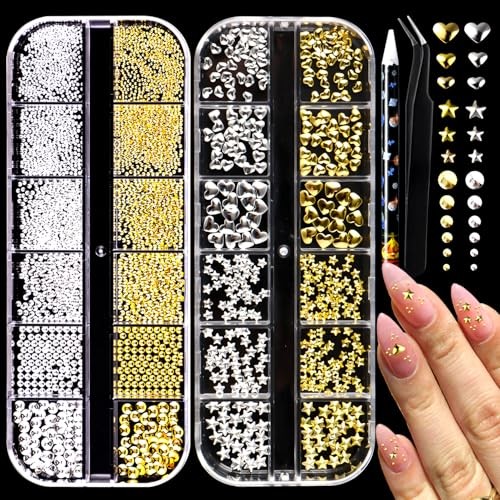 3D Nail Charms Gold & Silver Heart Star S-274-03+ZSHZ-982+G-167 white+tweezers
