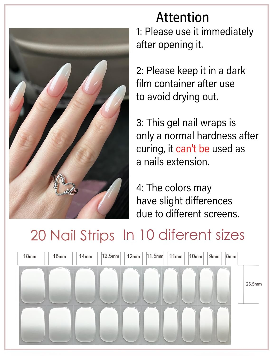 Pegatinas uñas de gel UV, efecto degradado lechoso, 20 tiras de gel semicuradas.