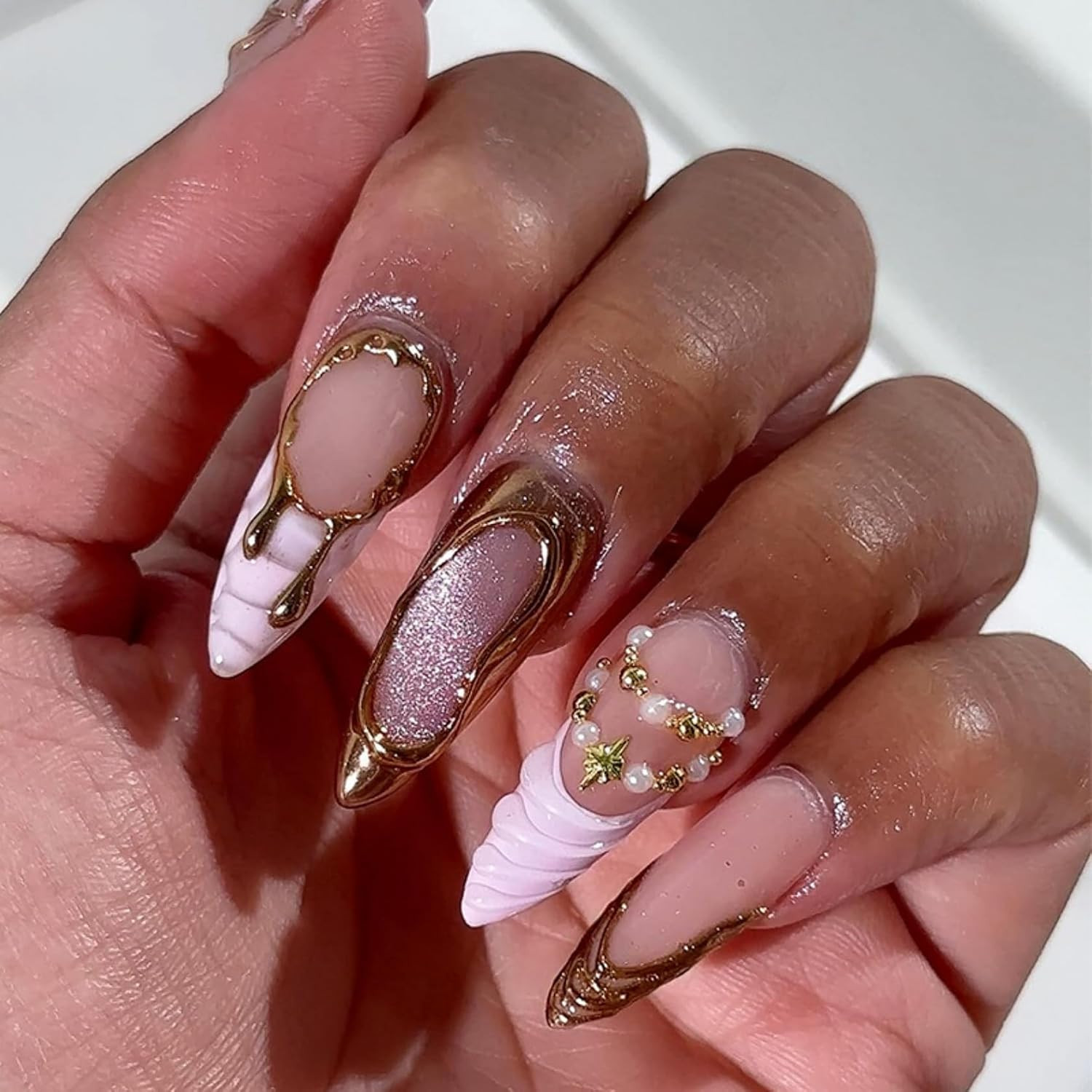 Gothic Punk Style Press on Nails with Black Roses, Metal Spikes & Chains Long Al
