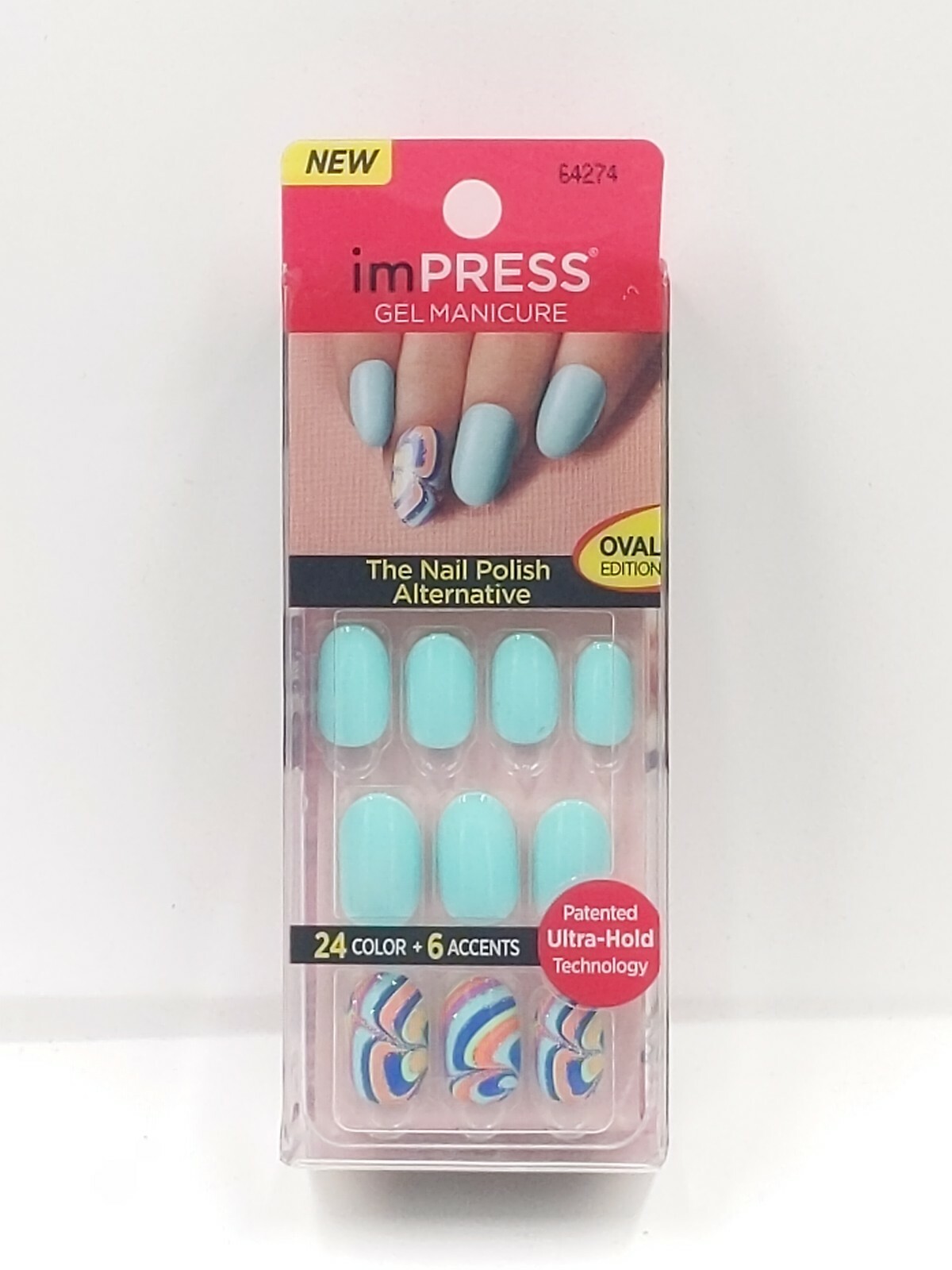 KISS imPRESS One-step Gel Manicure 24 Nails includes 6 Accents Oval Teal