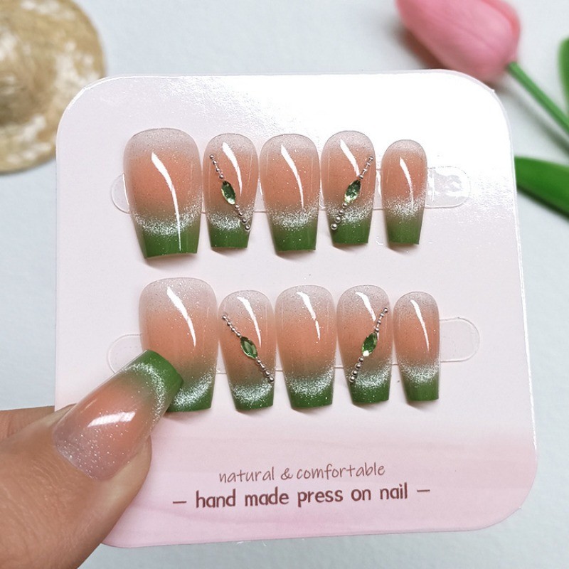 10Pcs Green Gradient Short Square Nails, Metal Chain & Crystal Cat Eye, Press