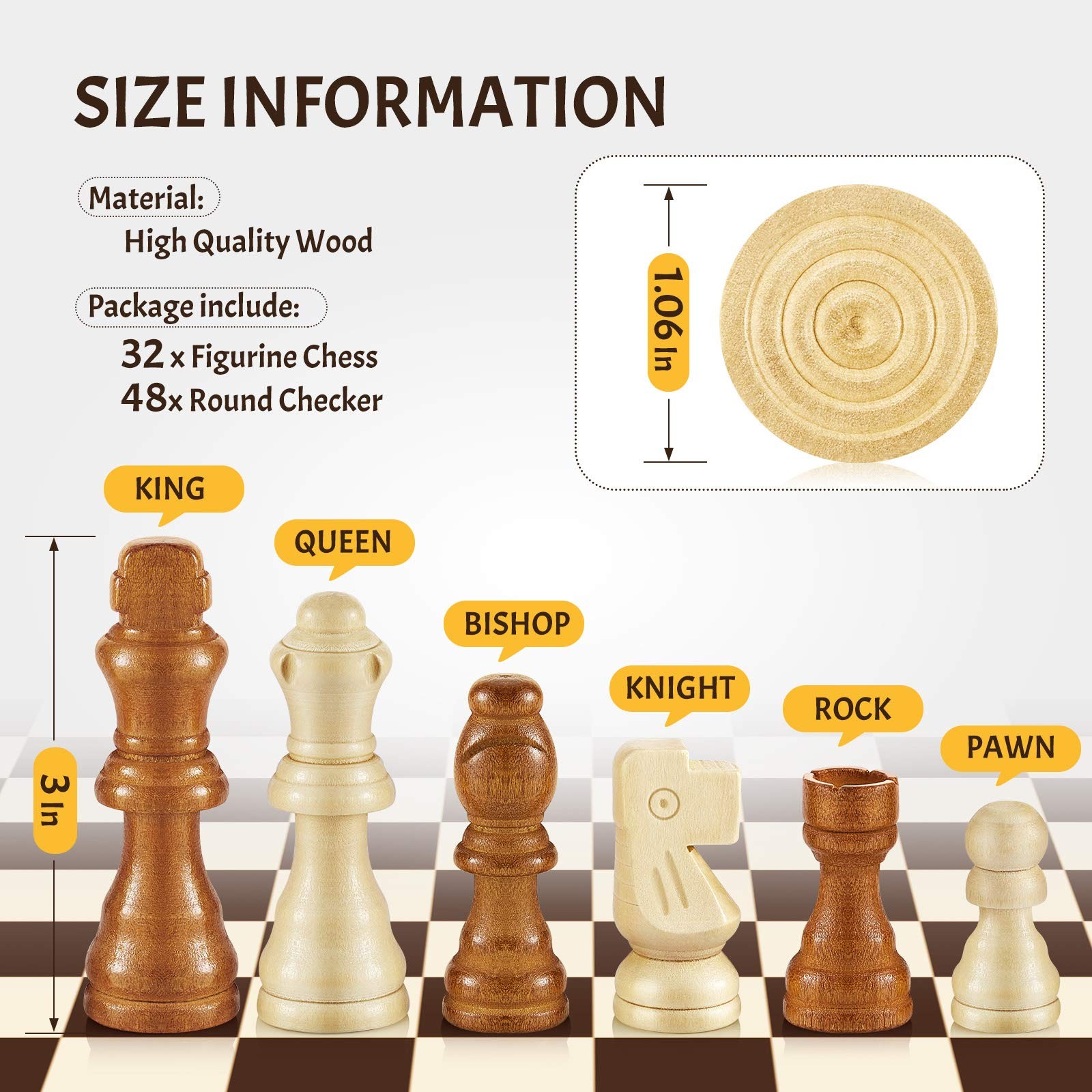 56 Pieces Wooden Checkers 3 inches, 1.4 1.06 Brown, Natural