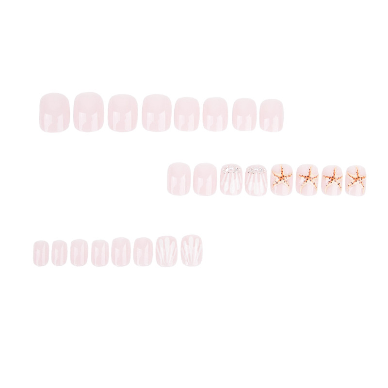 48Pcs-Short Oval Nude Seashell Starfish Tiny Rhinestone Press on Nails Set