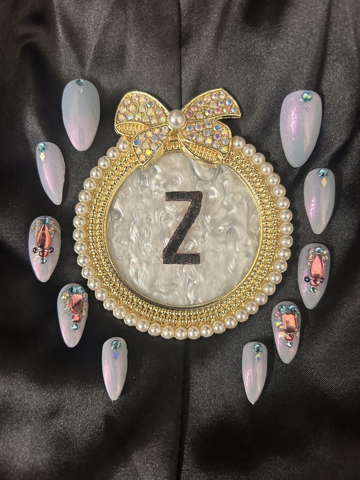 Z NAILZ! Handcrafted Pink/Blue Iridescent M Coffin W/Bling Press On Nails