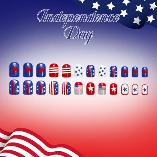 4th of July Press on Nails – Short Square Red White Blue Star & Stripe Style-11