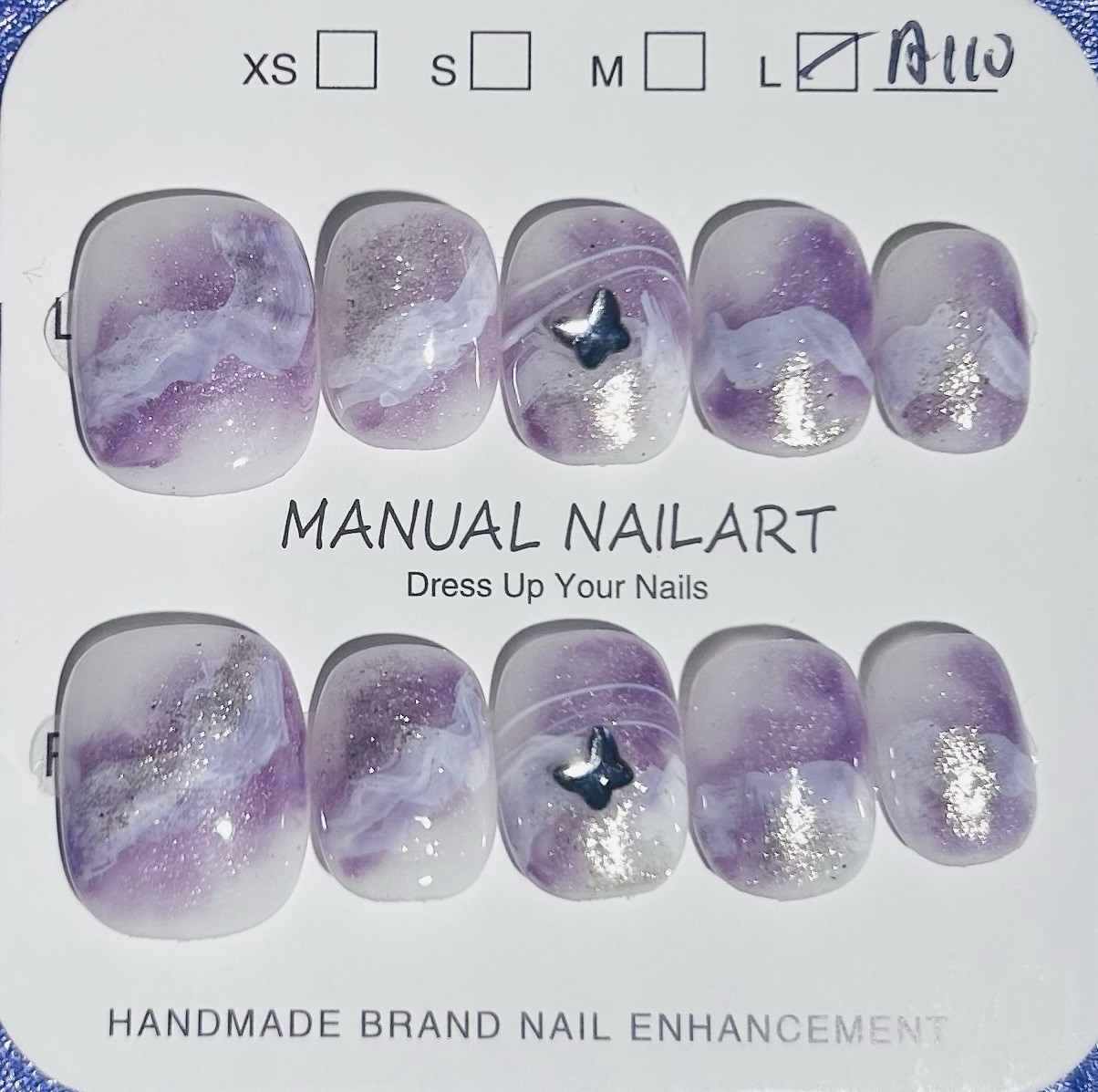 Manual Nailart Purple White Silver Glitter Butterfly Press-On Nails Oval