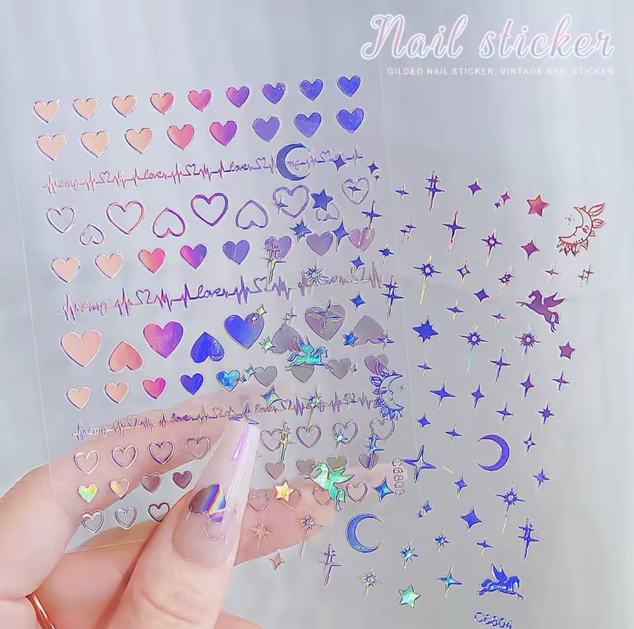Heart Nail Art Stickers Valentine’s Day Decals Metallic Silver Holo Love Star