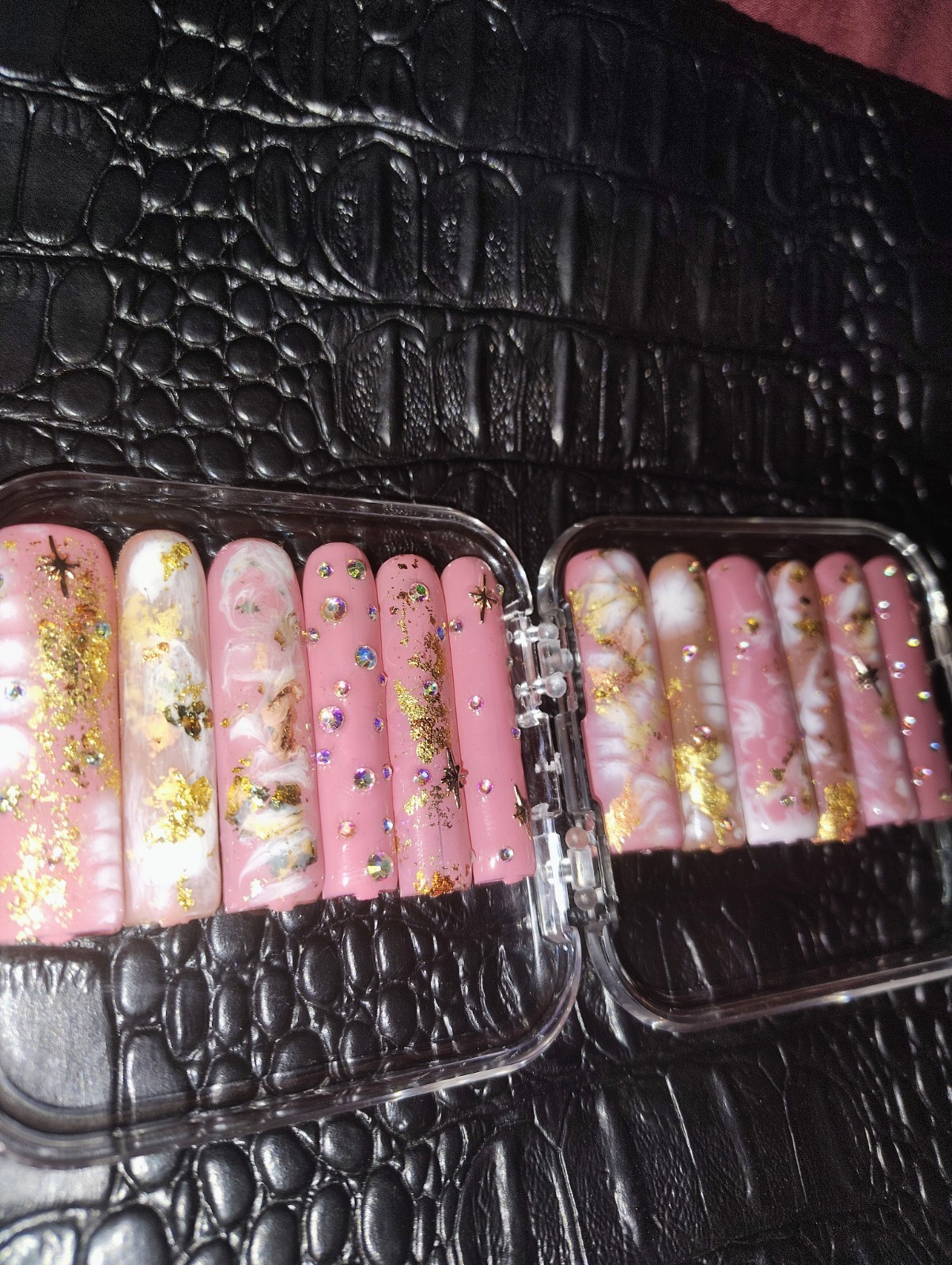 Homemade Square Long Press-On Nails Pink/Gold/White Glitter Abstract Full Cover
