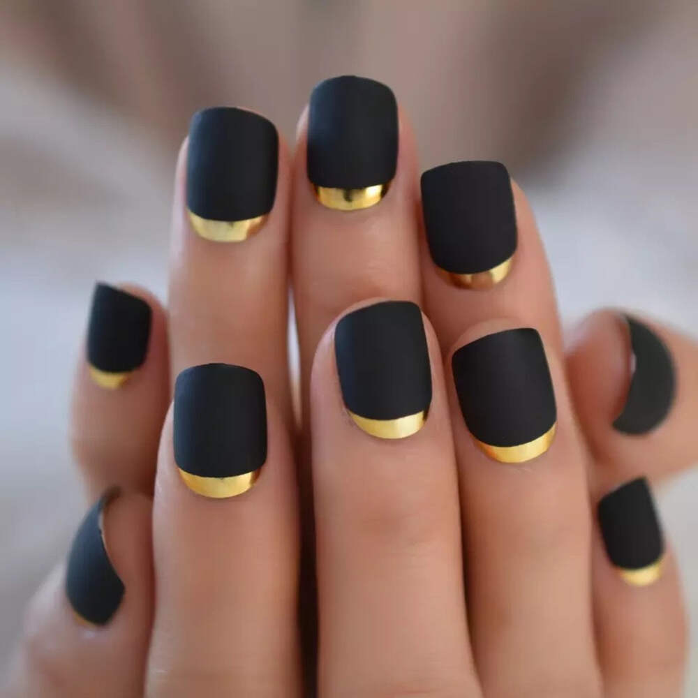Matte Black Gold Chrome French Press On Nails Short Square Glue On Fake Nails