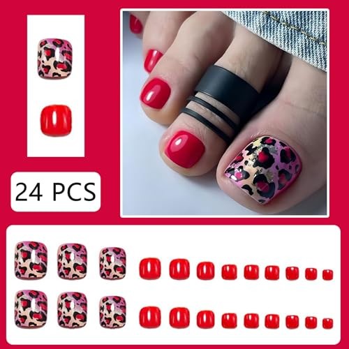 Press on Toes Nails Square Red Fake Toe Nails with Pink Purple Leopard Print