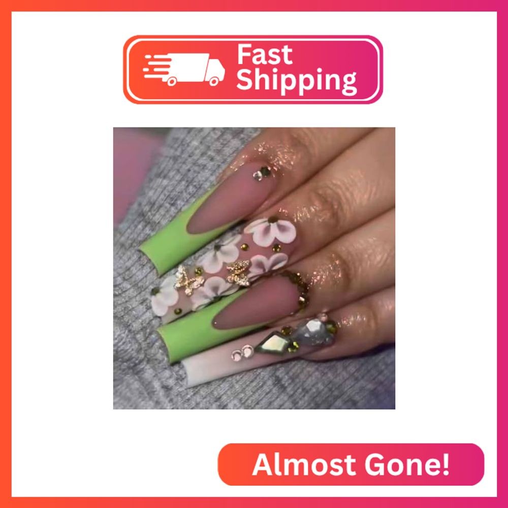 RikView French Tips Nails Long Press on Nails Square Fake Nails Green Acrylic Na