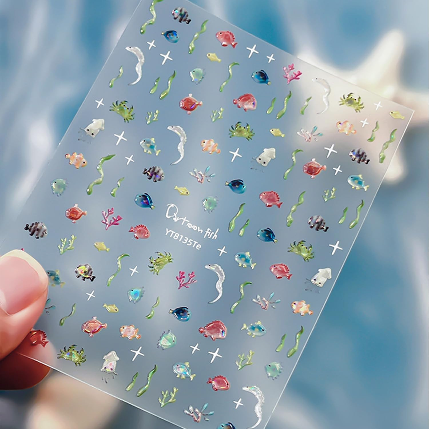 Aquarium Nail Stickers 1 PC 5D Ocean Fish Nail Decal Seaweed Coral Embossed Nail