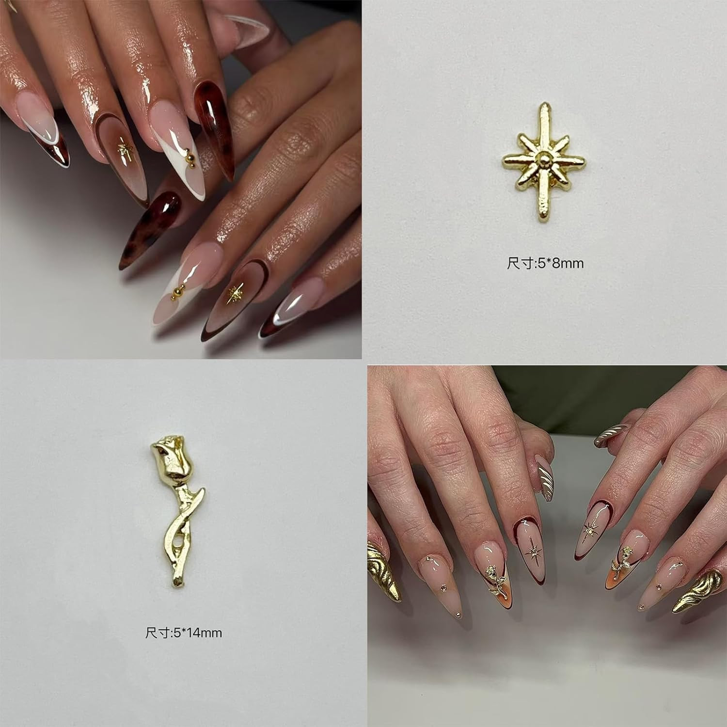Heart Nail Charms Rose Charms for Nail Design Gold Flower Star 3D Metal Nails Ar