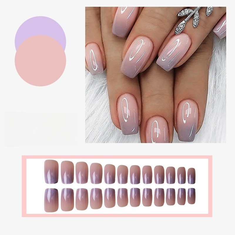 48Pcs-Long Square Pink Purple Gradient White Line Art Fake Press on Nails Set