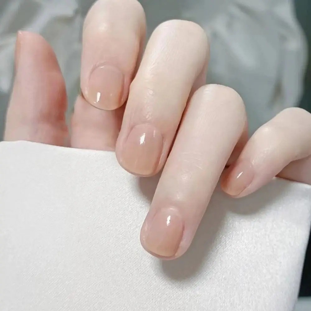 American White Tip Natural Nude Gloss Short-Square Reusable Press On False Nail