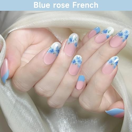 Semi Cured Gel Nail Strips | 28 pcs Chinese Style Gel Nail Blue Rose French