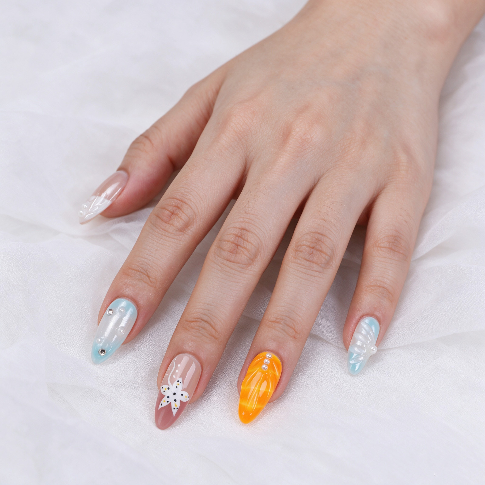 Press On Nails Medium Almond Blue Orange 3D Floral Pearl Summer Beach Nail Set