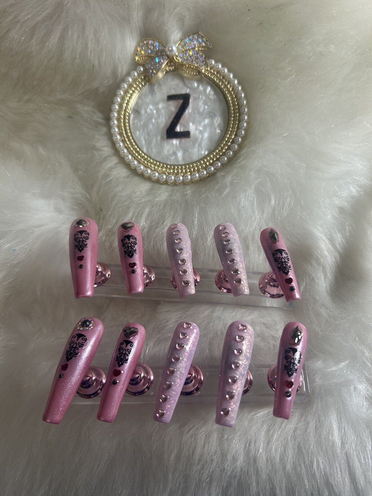 Z NAILZ! 10 Pc Handmade Set 2XL Coffin Pink W/heart Stones Shiny Press On Nails